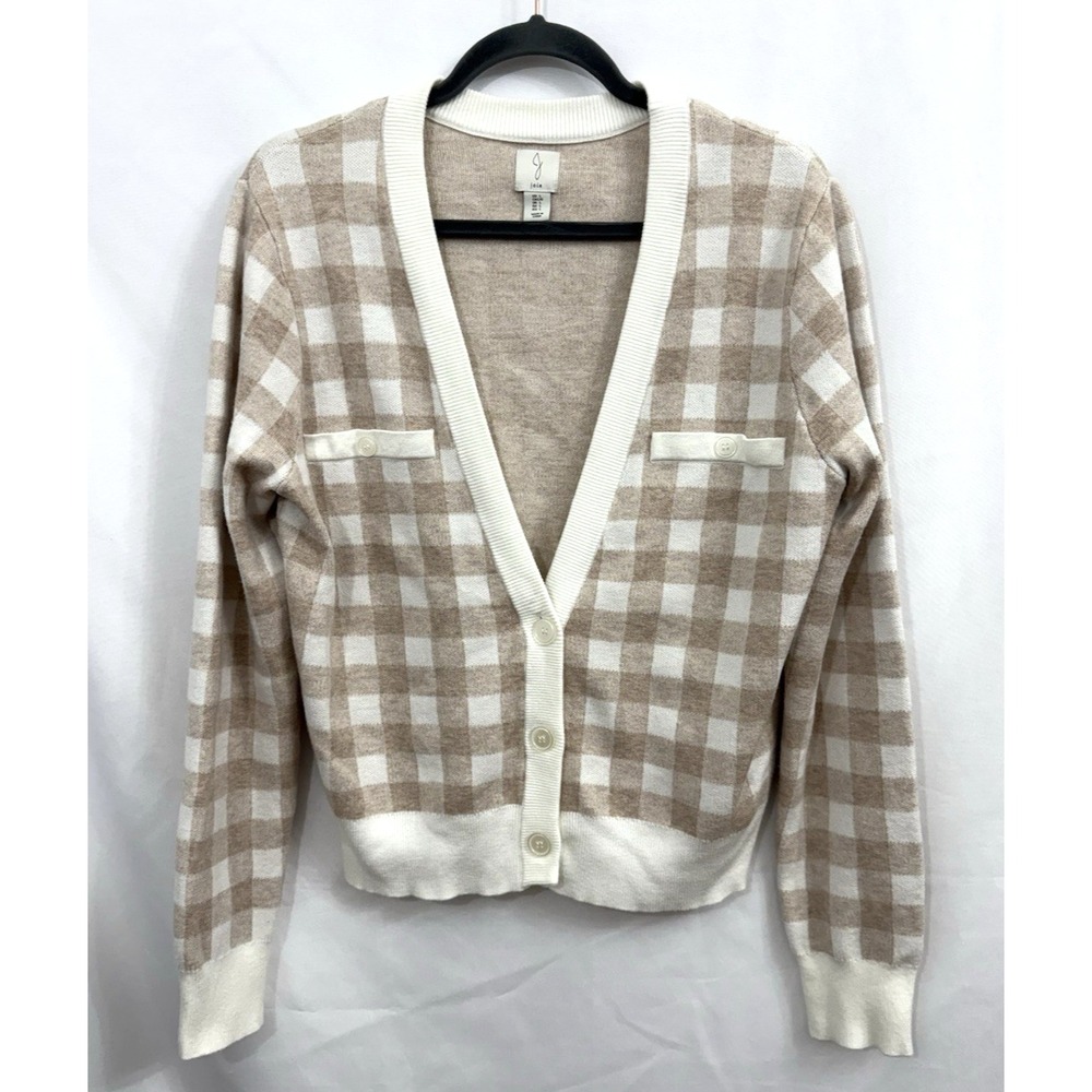 Joie Beige Ivory Gingham Check Button Up V-Neck Cardigan Womens Size L